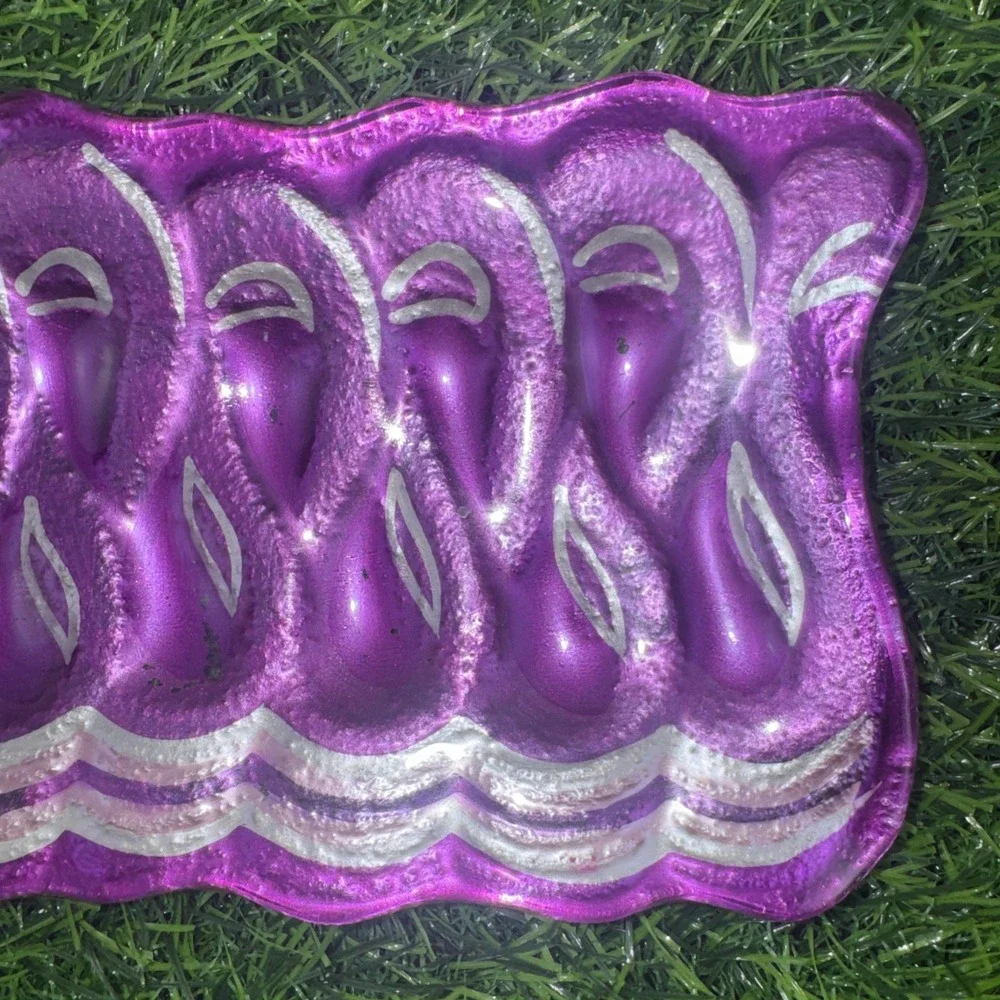 Fused Art Glass Ribbon Candy Tray Blue Magenta Silver Christmas Candy Dish Set
